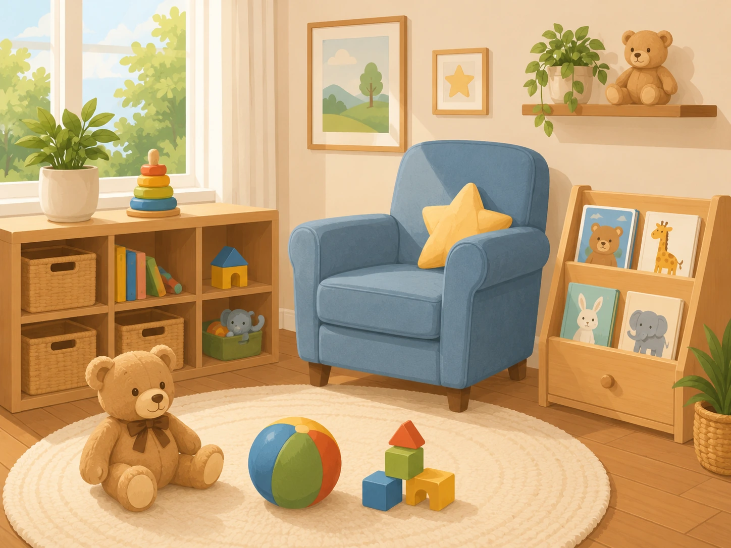 Illustrated child care room with a blue chair, books, teddy bear, ball, and colorful blocks