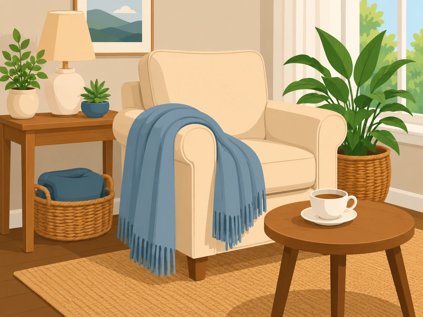 Illustrated cozy living room with an armchair, side table, tea cup, and houseplant