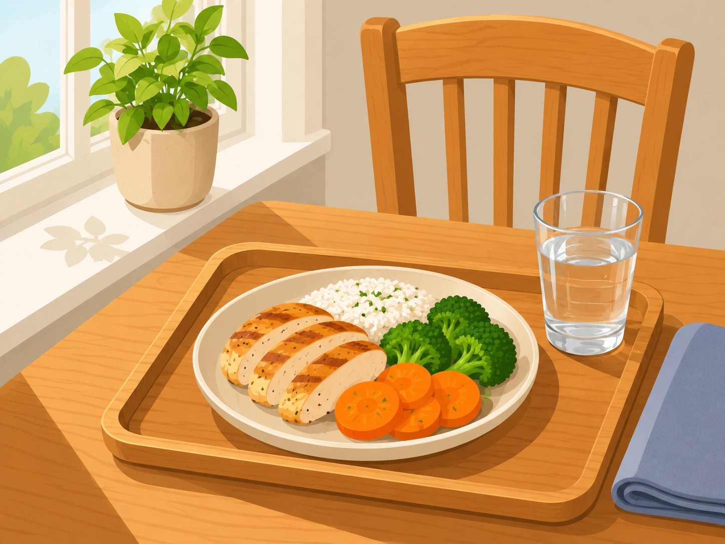 Illustrated prepared meal tray with water, napkin, and a plated meal in a modern home setting