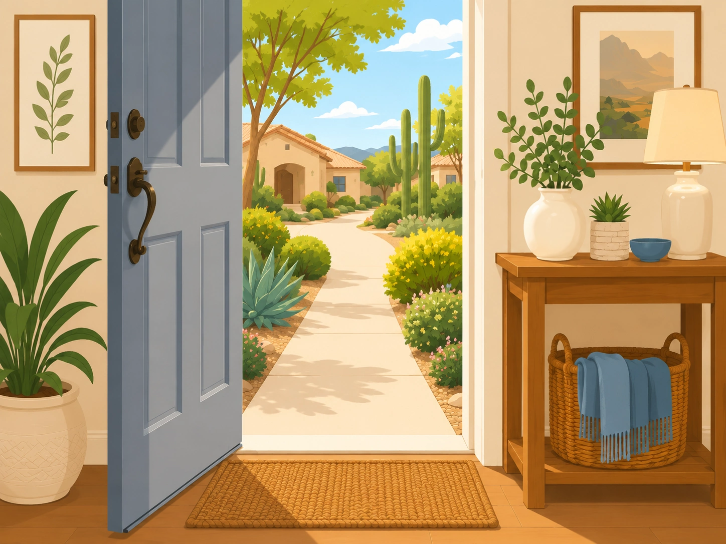 Illustrated welcoming home entryway with an open front door and Arizona desert landscaping