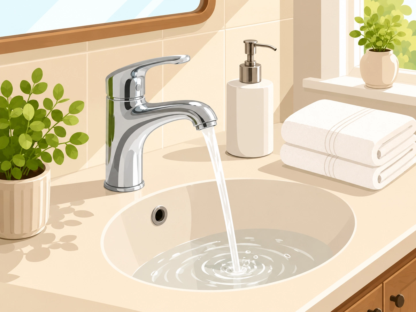 Illustrated clean bathroom sink with running water, soap, and folded towels