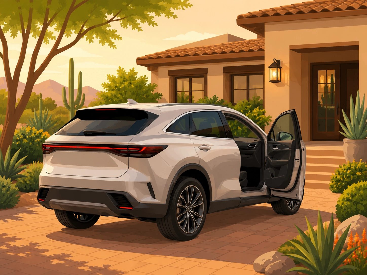 Illustrated modern silver luxury crossover SUV parked in a residential Arizona driveway with the front passenger door open
